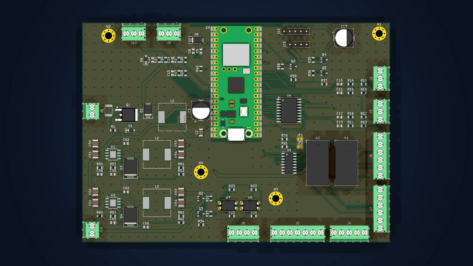 Top view: power on the left, the Pico at the top, lock, window and mirror connectors along the edges