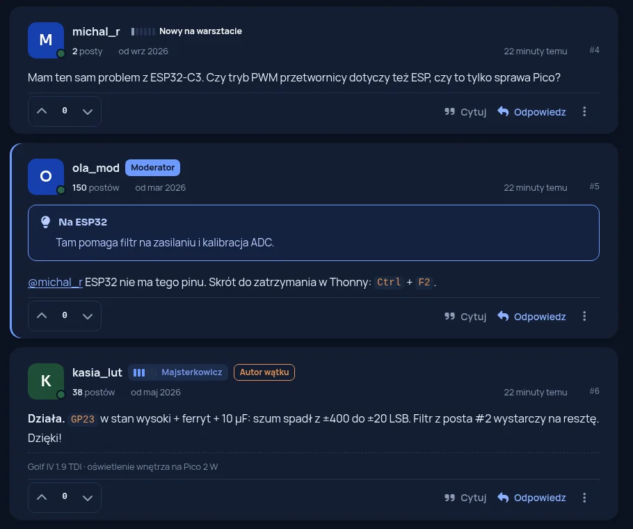 A forum thread in the dark theme: a rank next to the author’s name and a moderator badge