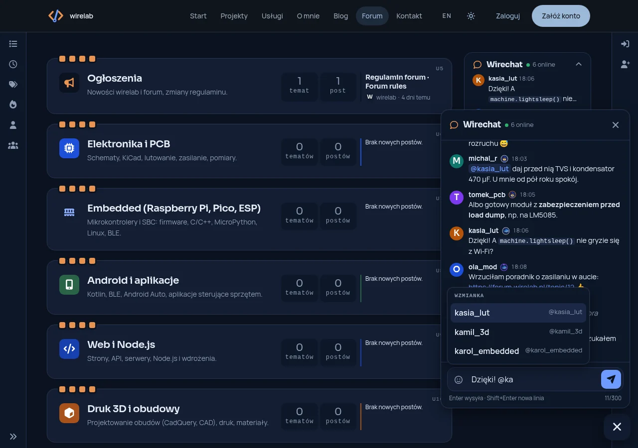Wirechat w ciemnym motywie z listą podpowiedzi wzmianek podczas pisania