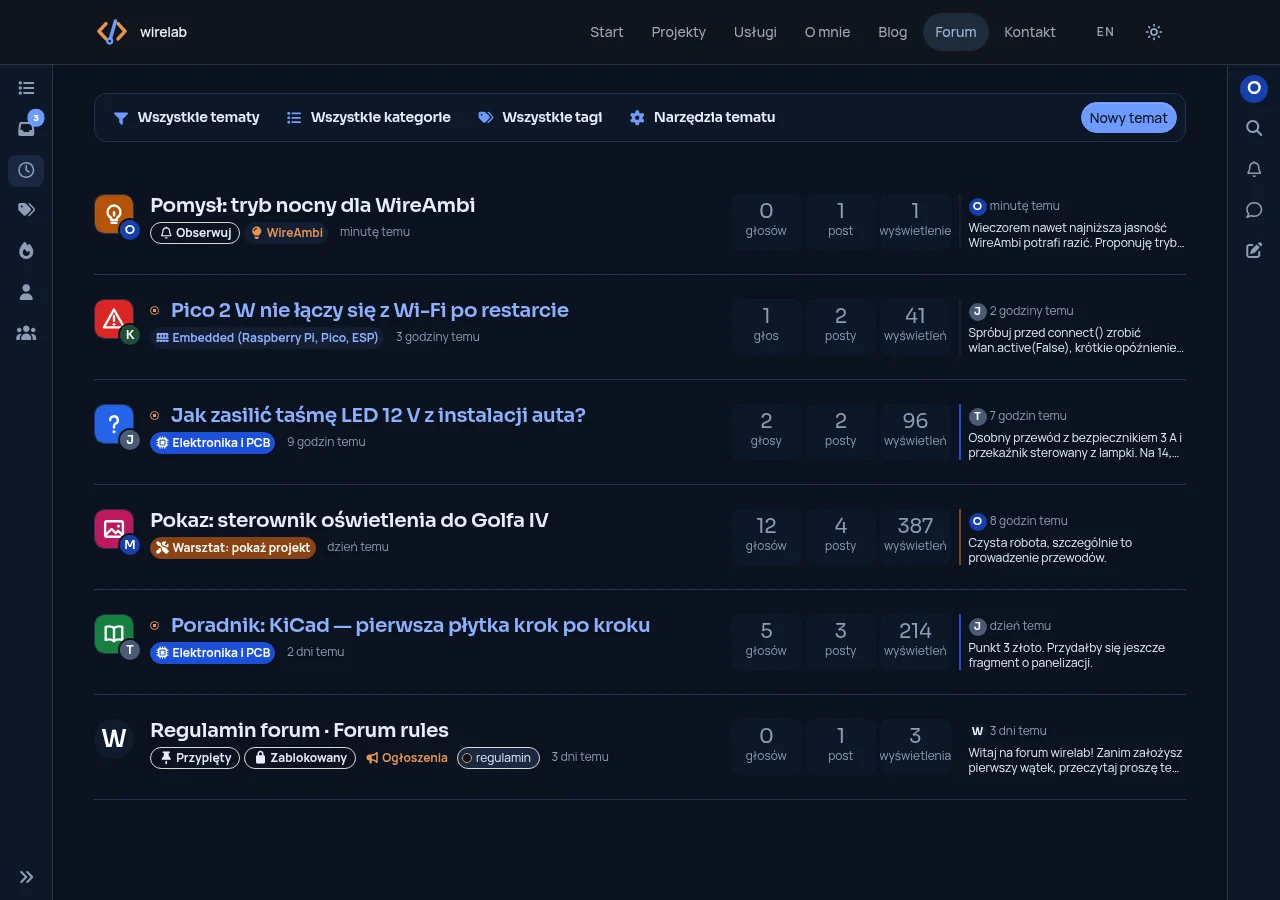 The wirelab forum topic list in the dark theme: idea, problem, question, showcase and guide icons next to the titles