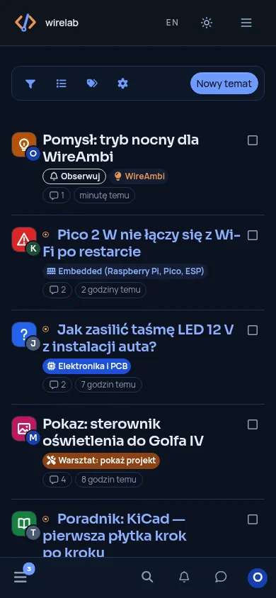 The topic list with icons on a phone, dark theme