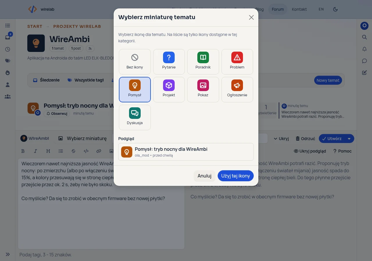 The icon picker above the new-topic editor, with a preview of the topic row