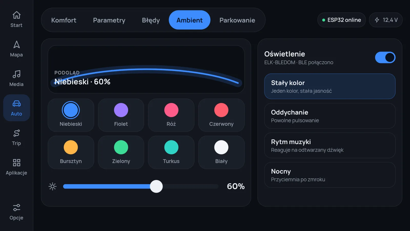 Ambient tab: colour presets, brightness and lighting modes