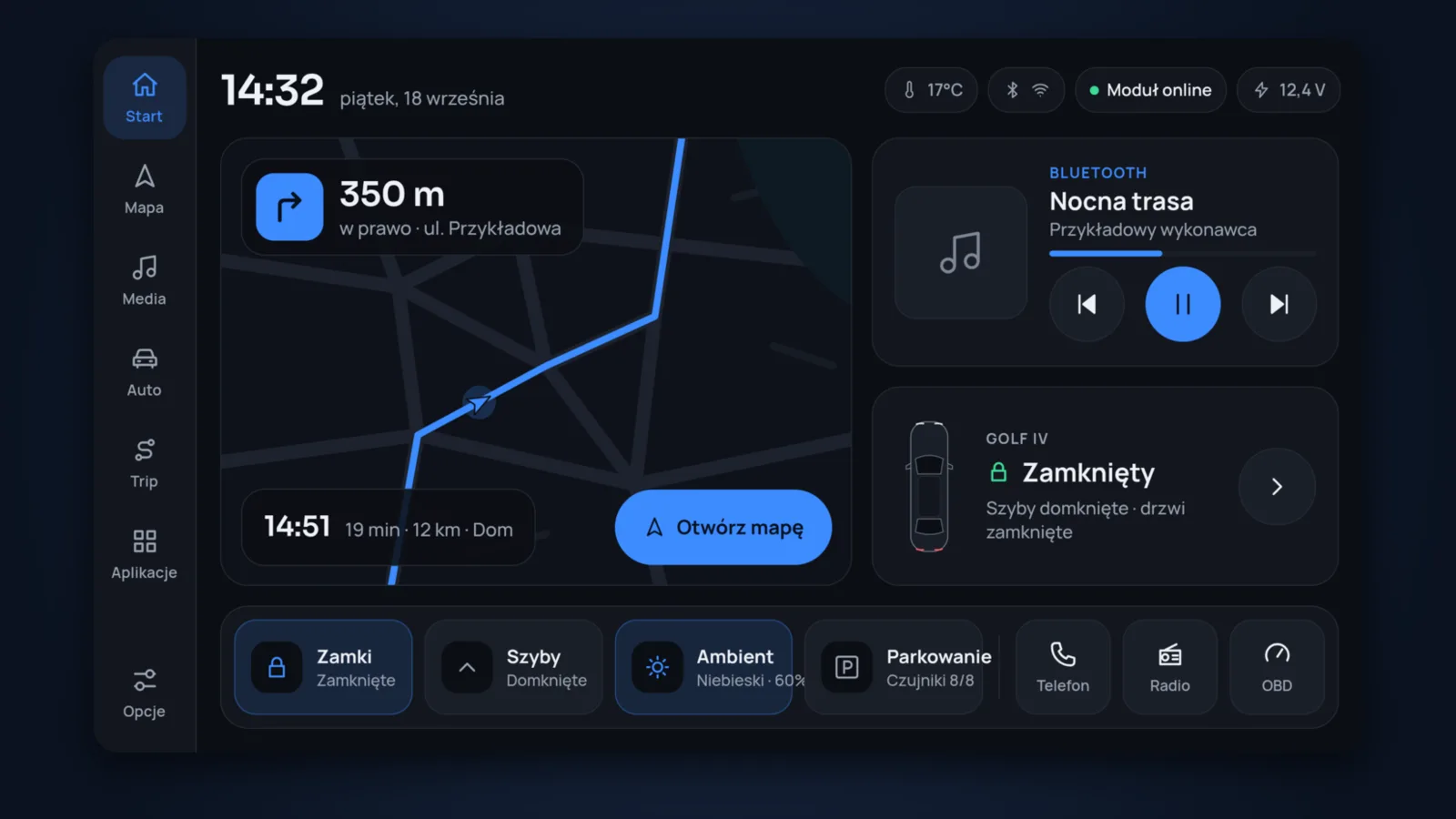 WireDrive Start screen with navigation, the player and the Golf IV status card