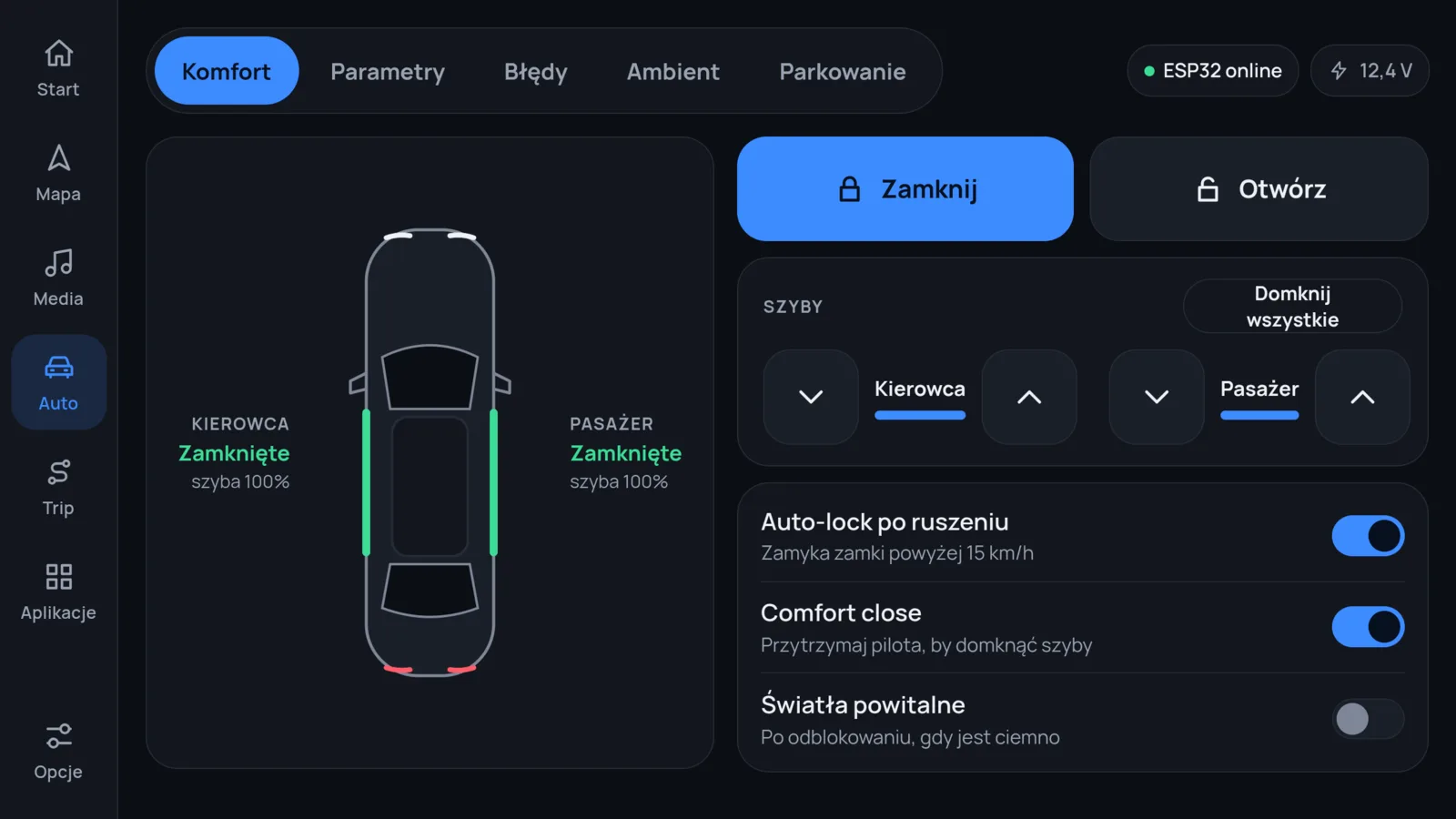Comfort tab: locks, windows and auto-lock