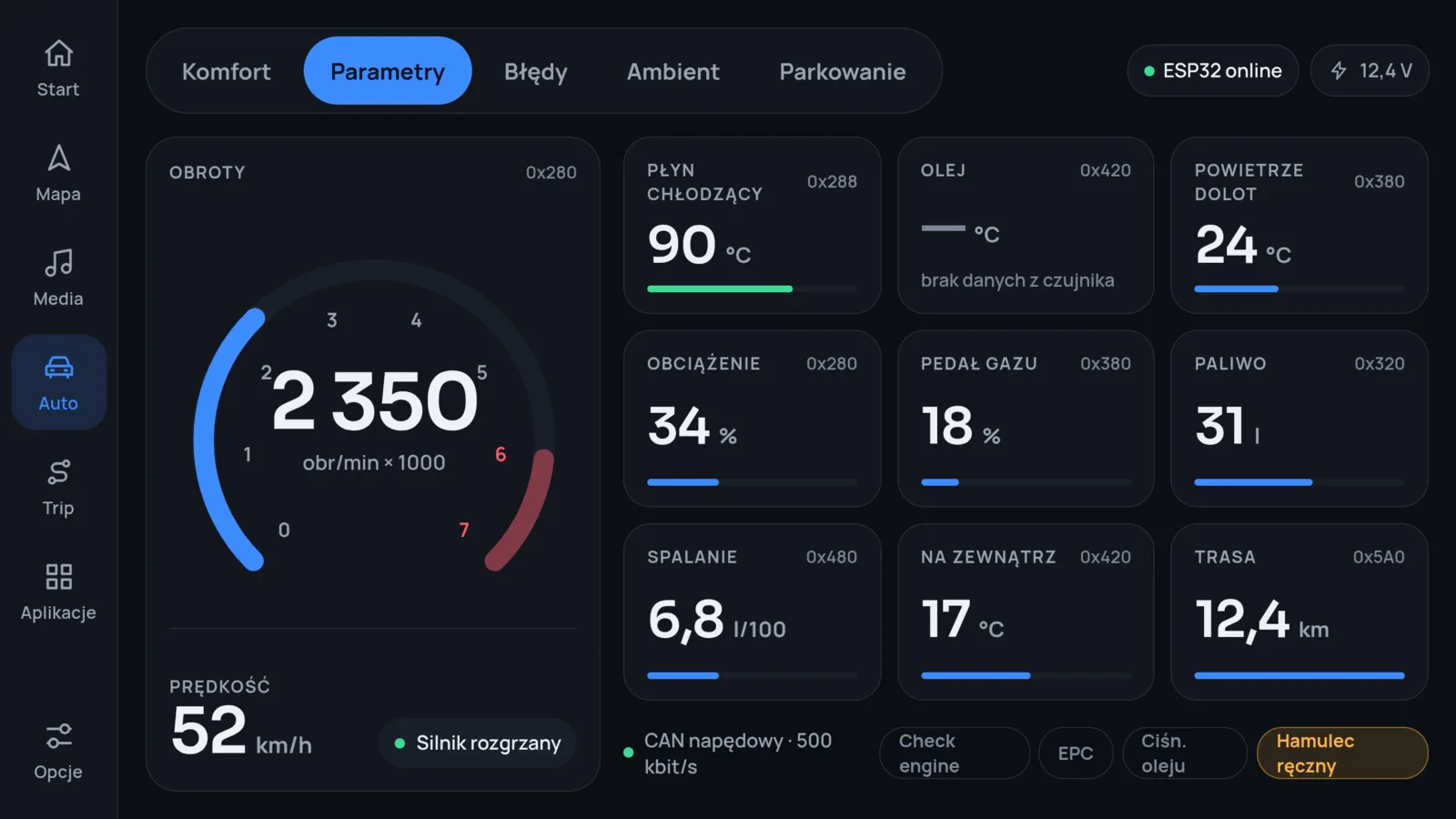 Readings tab: RPM, temperatures and fuel use from the CAN bus