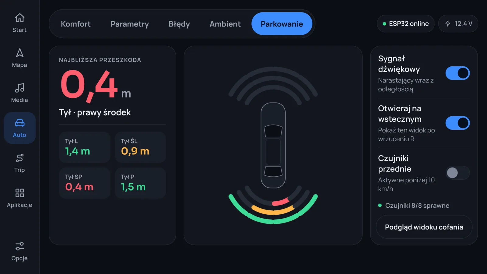 Parking tab: sensor distances and the nearest obstacle