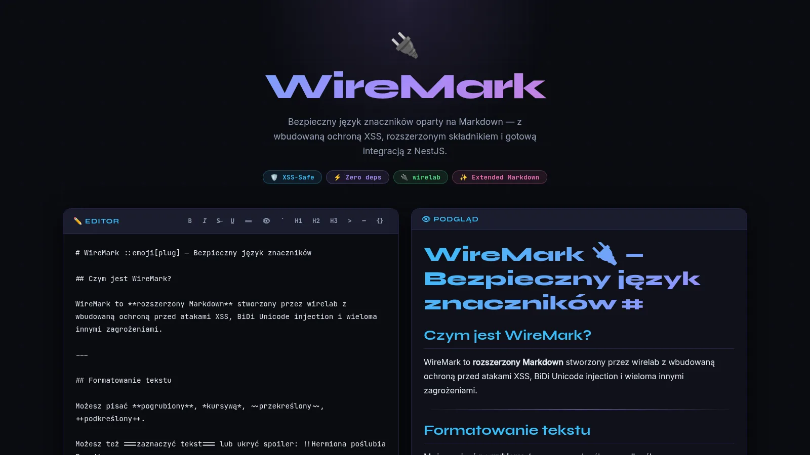 WireMark demo: source in the editor on the left, safe HTML in the preview on the right