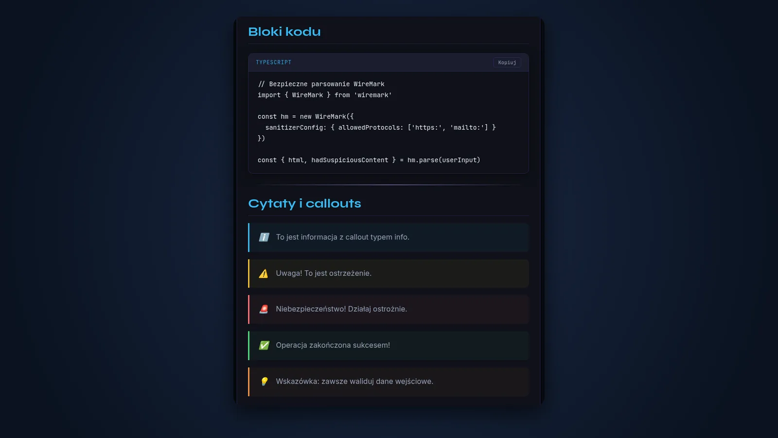 A TypeScript code block and five callout types rendered by WireMark