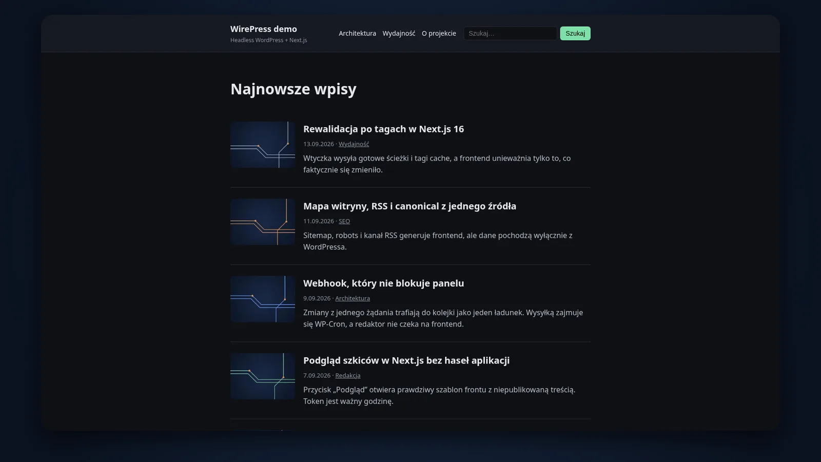 Next.js front end listing posts fetched from WordPress (demo content)