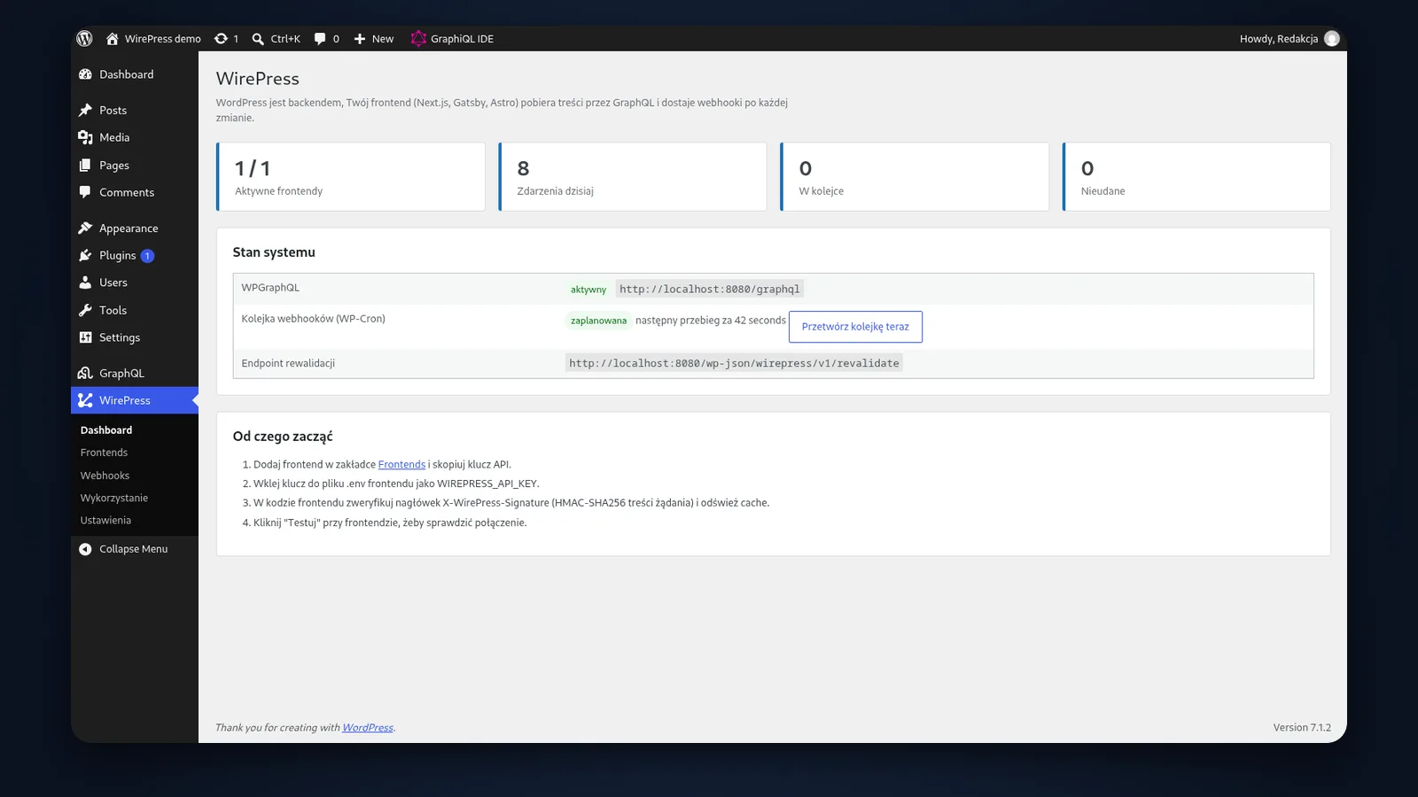 WirePress admin in WordPress: active front ends, queue and system status